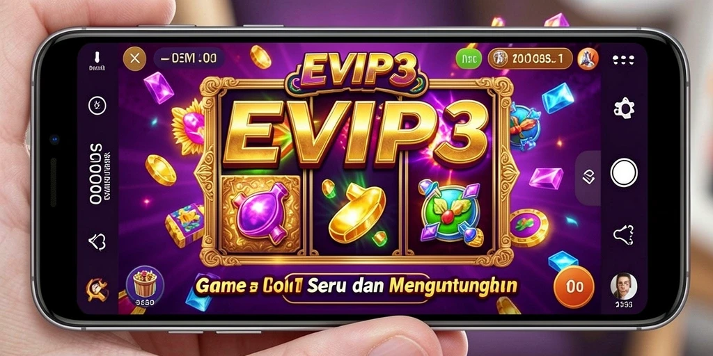 Screenshot gameplay EVIP3 menampilkan gulungan slot yang penuh warna dan menarik.