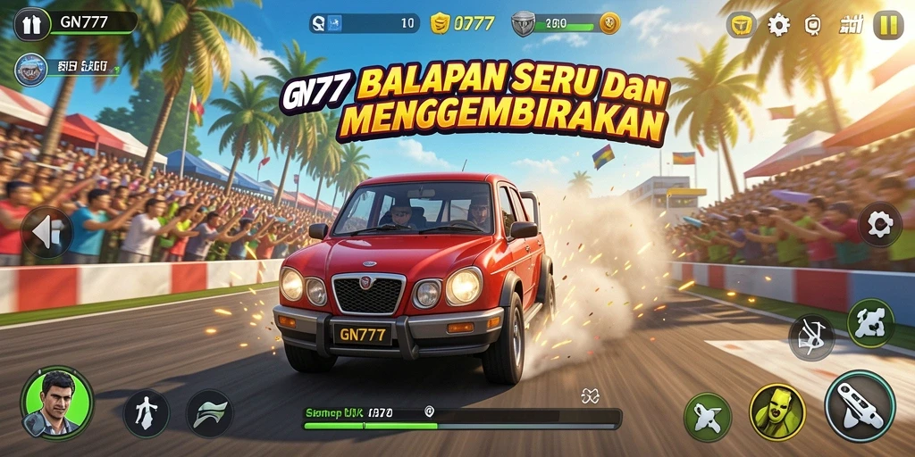 Gameplay GN777 dengan mobil balap yang beraksi di lintasan menantang.