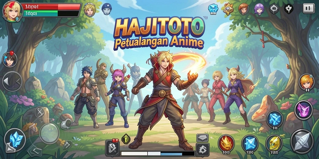 Menunjukkan tampilan gameplay seru HAJITOTO dengan karakter anime.